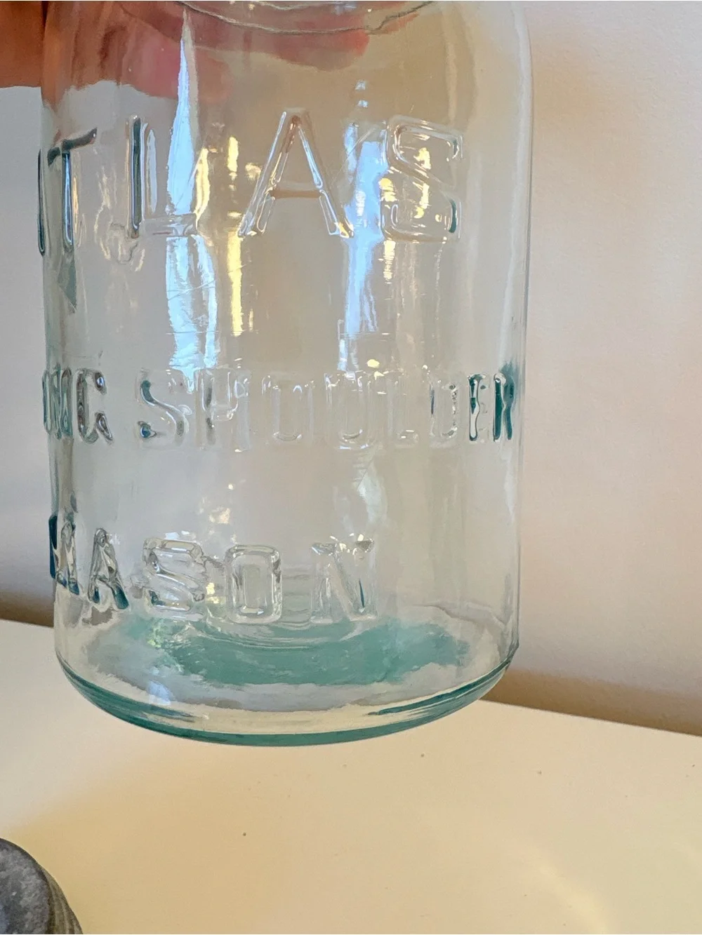 Atlas “strong shoulder” Embossed Blue Glass Mason Jar with Metal Lid